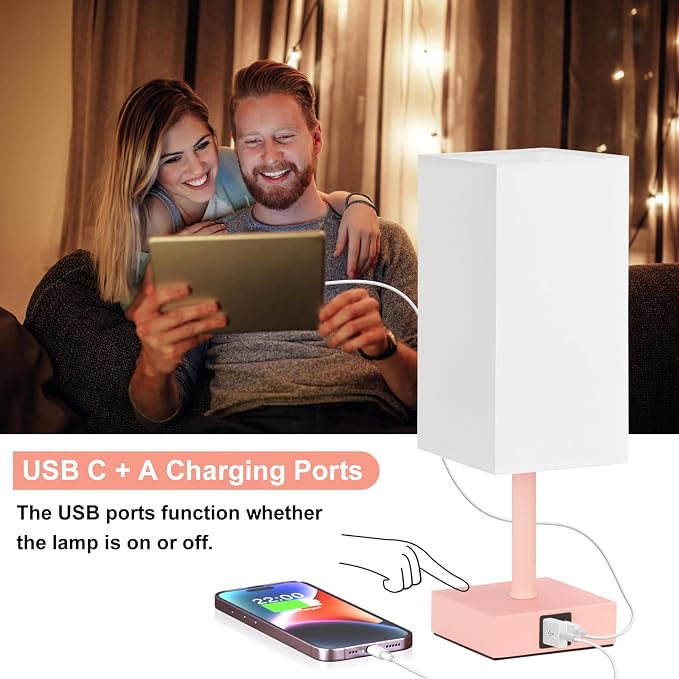 Touch Table Lamp for Bedroom - Dimmable, USB C+A, White Lamphade Pink Base | 3-Way Dimmable, 3000K LED Bulb Included, Square Lampshade, Cute Room Decor for Teen Girls, Kids, Small Lamp for Dorm, Nursery