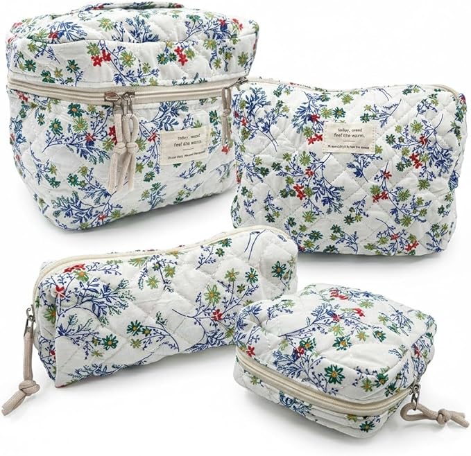 Cute Makeup Bag for Women(2 Pcs), Travel Cosmetic Bags, Quilted Coquette Aesthetic Floral Toiletry Organizer Bag (48 - Red Green/4PCS)