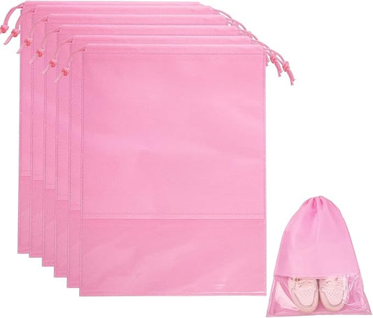 6 Pcs Travel Shoe Bags, ULIFEMALL Large Non-Woven Drawstring Shoes Storage Bag with Transparent Slot Clear Window Portable Waterproof Dustproof Shoes Pouch Packing Organizer for Men Women, Pink