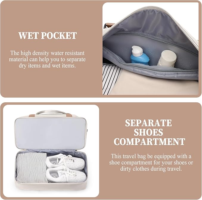 Weekender Bags for Women,Overnight Travel Duffel Bag with Shoes Compartment& Toiletry Bag,Extra Large(Beige & Brown)