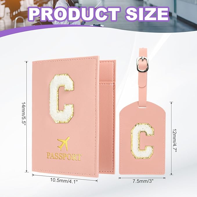 PATIKIL Passport Holder for Travel, Initial Passport Cover and Luggage Tag Set with Alphabet Chenille Letter Patch Travel Wallet Bag Suitcase Identifier for Women Family Travel Pink C