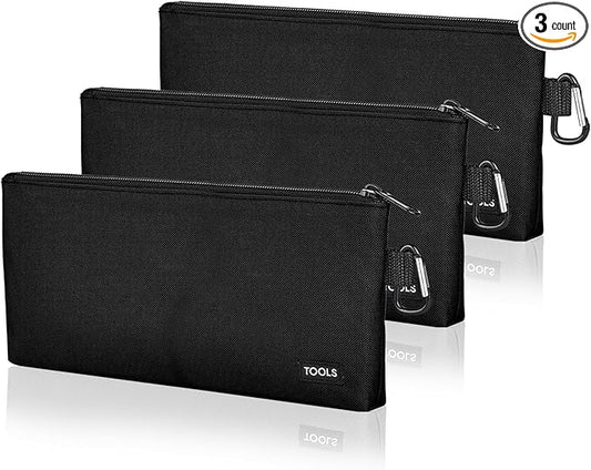 3 Pack Premium Tool Pouches Zipper Bag, Small Tools Bags with Carabiner, Heavy Duty Flat Bottom Utility Multipurpose Storage Organizer Bag for Tool, Stationary, Pencil