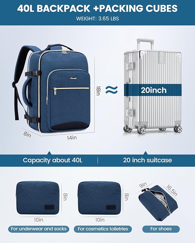 LOVEVOOK Travel Backpack for Women & Men 40L,Airline Approved Carry On Backpack Travel Essentials,TSA Carry on Luggage,Waterproof Personal Item Travel Bag,Suitcase with 3 Packing Cubes,Dark blue-Black