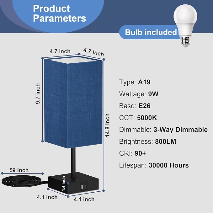 Bedside Table Lamp for Bedroom with 2USB Ports, 14-Inch, NavyBlue | USB A+C Ports, Touch 3-Way Dimmable LED Bulb Included Fabric Lampshade Metal Base Small Nightstand Lamp for Desk Living Room