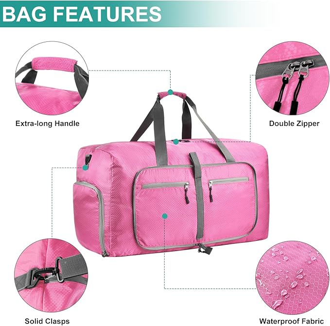 Dimayar Travel Duffle Bag for Men Women - Foldable Duffel Bag with Shoes Compartment - Overnight Bags Waterproof & Tear Resistant(115L,Pink)