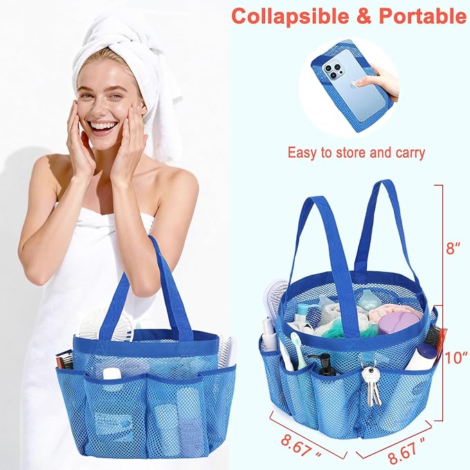Fammart Mesh Shower Caddy Portable for College Dorm Room Essentials, 8-Pocket Large Shower Basket Tote Bag with 2 Handles for Toiletry, Bathroom, Beach, Camp, Gym
