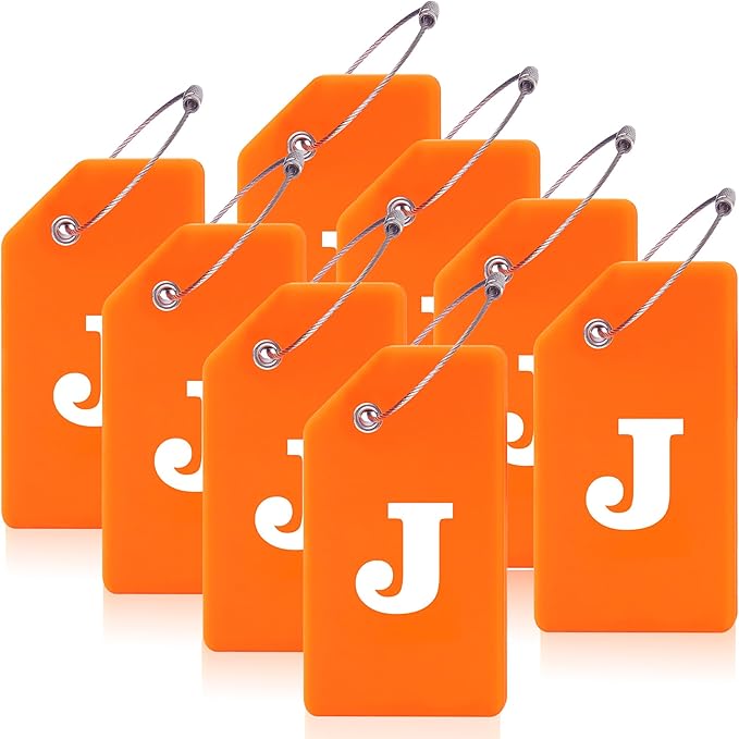 Gostwo 8 Pack Luggage Tags for Suitcases, 26 Initial Letter Travel Luggage Baggage Identification Labels ID Tags Fully Bendable Tags with Stainless Steel Loop (Letter J, Orange)