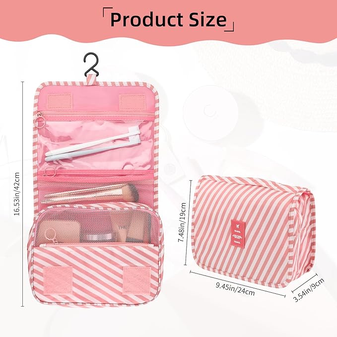 Foldable Hanging Travel Toiletry Bag,Waterproof Portable Travel Bags, Multifunction Travel Makeup Cosmetic Bag Organizer with Hanging Hook (Pink Stripe)