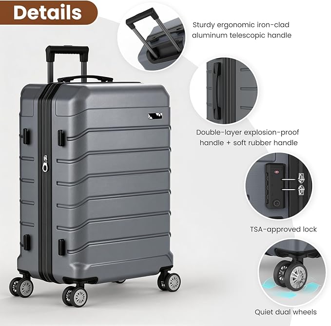 Luggage Sets 3 Piece, Hardside Carry On Suitcase with Spinner Wheels, Lightweight Durable Luggage for Travel | TSA Lock, Expandable Suitcase Set for Men and Women（20/26in） (Grey)