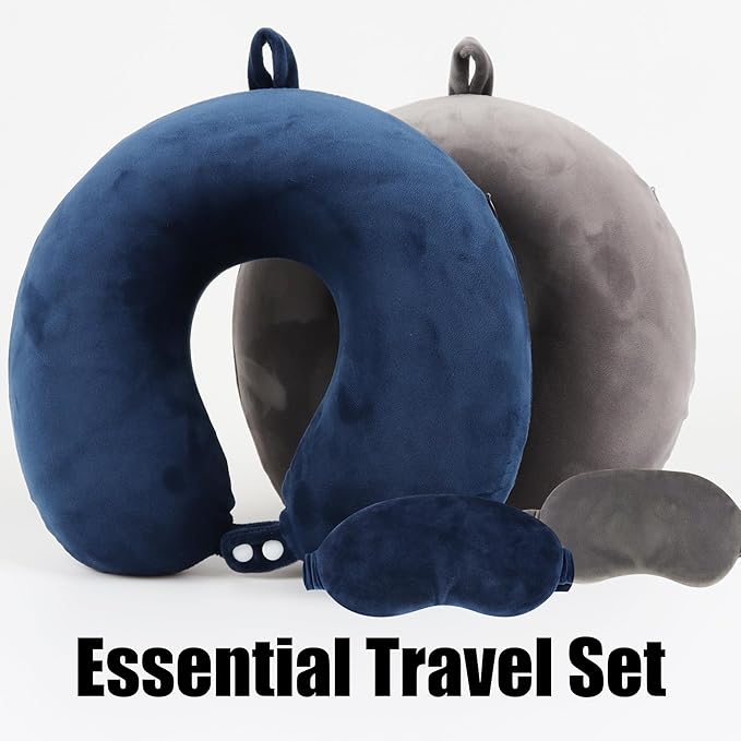 Pure Memory Foam Travel Pillow Set for Adults - Comfortable & Removable Machine Washable Cover, Neck Support Pillow Airplane Travel Kit with Eye Mask for Portable Plane Accessories -Dark Blue