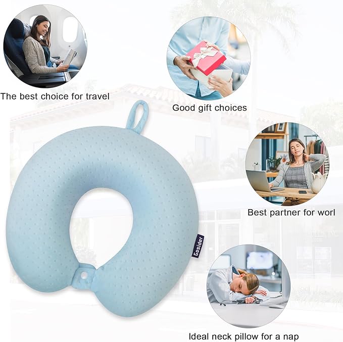 Travel Neck Pillow Memory Foam Pillow Support Pillow U Shape Compact & Lightweight Neck Pillow for Sleeping Travel for Plane, Car, Home, Office Camping Light Blue
