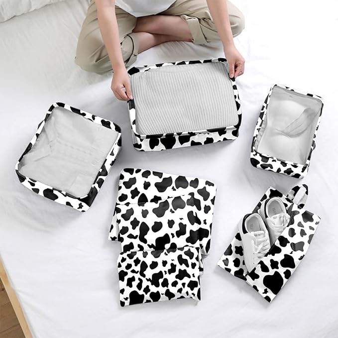 7 Set Packing Cubes Travel Luggage Organizers for Suitcase Travel Accessories with Shoe Bag for Women Girls Aesthetic Cute-Black White Cow Pattern