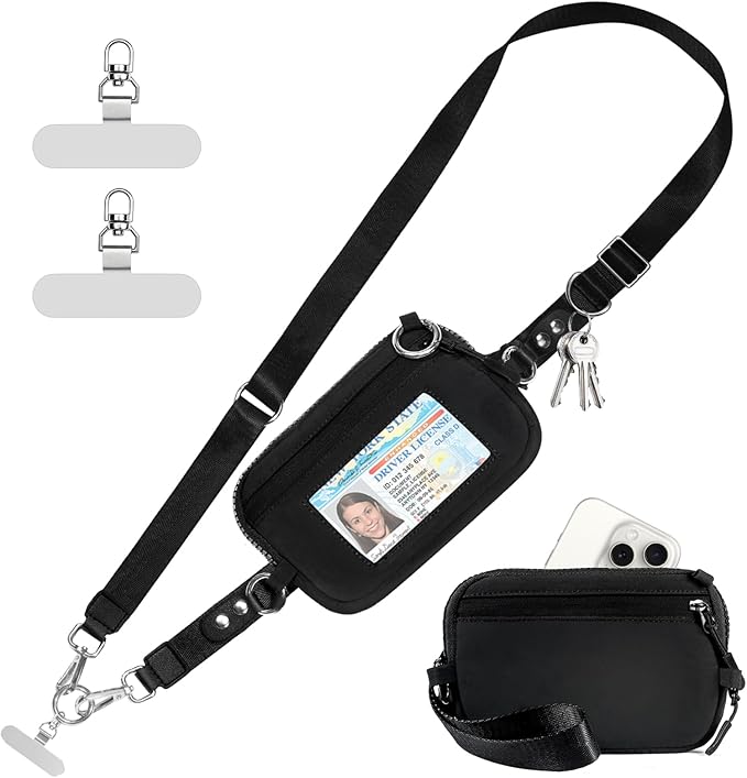Tiostep Clip and Go Strap for Phone with Wallet Crossbody Phone Lanyard Adjustable and Detachable RFID Wristlet Wallet with ID Window and Zipper, Black(L)