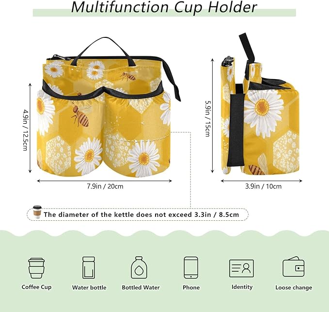 Luggage Cup Holder for Suitcases Free Hands Travel Cup Holder Portable Suitcase Cup Drink Holder Luggage Cup Caddy Bag Carrier Yellow Beeswax Bee Daisy01