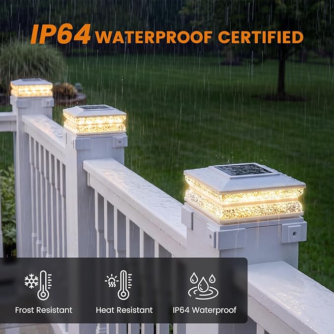 APONUO Solar Post Cap Lights Outdoor, 3 CCT & 2 Brightness Deck Post Lights Solar Powered for 4x4 5x5 6x6 Vinyl Wooden Posts, Waterproof Dusk to Dawn Fence Deck Lights for Patio Garden, White, 6-Pack