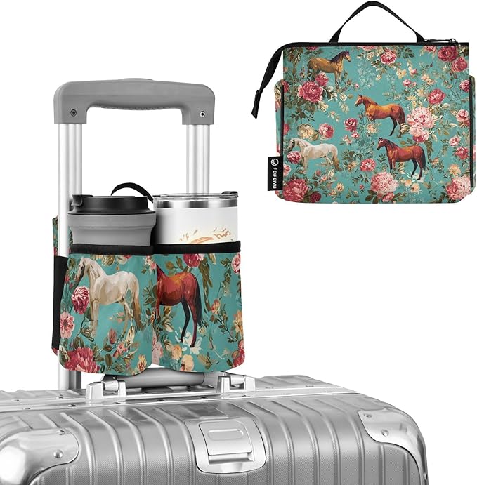 Luggage Cup Holder for Suitcases Free Hands Travel Cup Holder Portable Suitcase Cup Drink Holder Luggage Cup Caddy Bag Carrier Teal Horses and Red Roses
