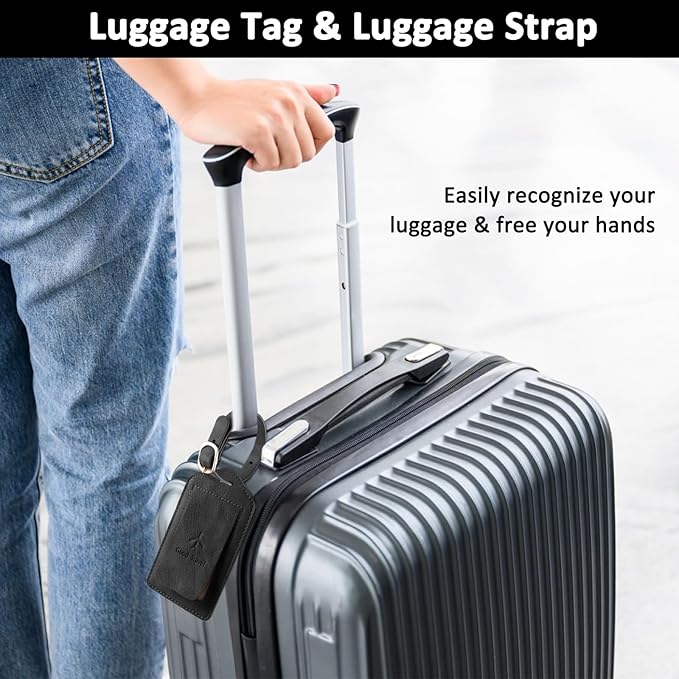 1 Pack Luggage Tag, PU Leather Suitcase Tags Identifiers Privacy Cover ID Label for Travel Bag Suitcase with 2 Pack Luggage Straps for Hats, Bags and Travel Accessories Clip(L-Black)