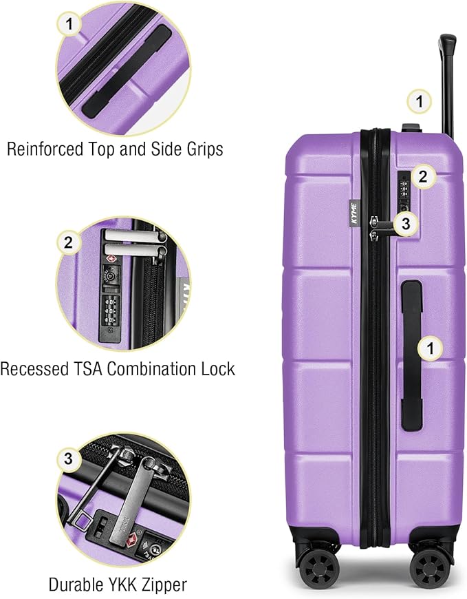 KYME 24 Inch Luggage TSA Approved Hardshell Suitcases with Spinner Wheels Durable PC+ABS Medium Checked Travel Luggage for Women Men Lt Purple