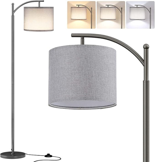 SUNMORY Arc Floor Lamp for Living Room, Modern Tall Standing Lamps, Gray | 3 Color Temperatures, 9W 800lm LED Bulb, Adjustable Hanging Shade, Foot Switch, Metal Floor Light for Bedroom Office Corner
