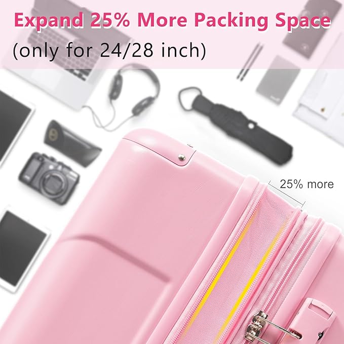 28 Inch Checked-Large Luggage, Lightweight ABS Hard Shell Suitcase with Spinner Wheels, Expandable Travel Luggage with Combination Lock & Side Hooks for Men Women (Pink., 24)