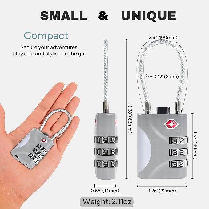 Travel Luggage Locks TSA Approved, Small Combination Padlock with Cable, Combo TSA Lock for Suitcase, Locker & Gym, Cabinet, Bag Zipper, Lock with Code for Travel Accessories (Silver)
