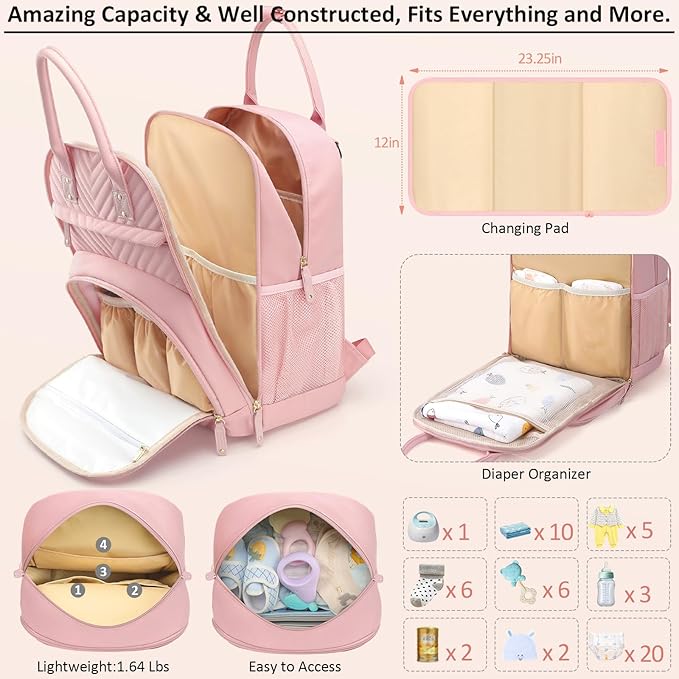 Tenot Diaper Bag Backpack for Women with Changing Pad, Baby Bag with Insulated Pockets Multifunctional Diaper Bags For Baby Girl Boy Waterproof Baby Bags For Boys Girls Maternity Bag Baby Pink