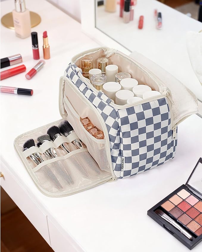 Narwey Checkered Travel Toiletry Bag for Women Large Makeup Bag, Wide-open Cosmetic Make Up Organizer with Handle, Travel Bag for Toiletries, Essentials, Accessories (Greyish Blue Checkerboard)