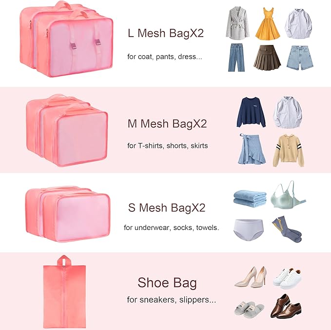 Packing Cubes, 7 Pcs Travel Packing Organizers for Suitcases, Large Capacity Travel Luggage Organizer Set includes 7 Storage Bags, Travel Essentials for Women or Men (Pink)