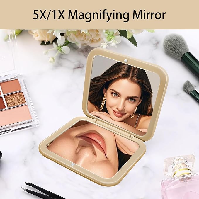 CYHTSHFZ Small Compact Mirror for Purse,5X/1X Travel Magnifying Mirror for Women, Makeup Mirror for Girls, Portable Ultra Slim Pocket Mirror