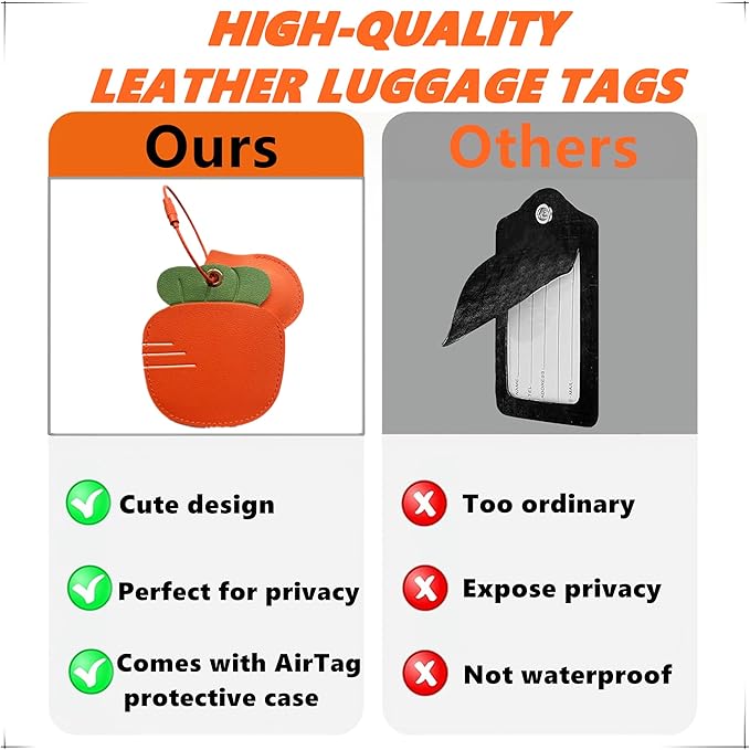 Cute Leather Luggage Tag Holder with Airtag Case Set,Hidden Compartment for AirTag Travel Suitcase Tracking Case with Stainless Steel Loop,Name ID Label(Carrot)