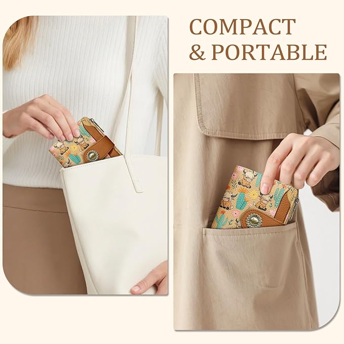 Icycay Highland Cow Small Wallet Women RFID Blocking Bifold, Cute Credit Card Holder, Zipper Coin Pocket, PU Leather, Compact, Travel, 4 ID Window, 14 Card Slots, Cash Purse, Ladies Woman