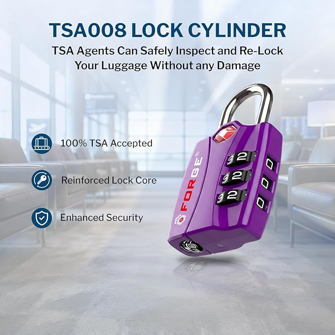 Forge Open Alert TSA Approved Luggage Locks - 3 Digit Combination, Easy Read Dials, Zinc Alloy Body - Ideal Travel Lock for Luggage, Suitcases, Bags & Toolboxes (Purple 4 Locks)