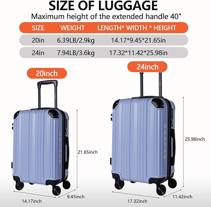 OUZZO Luggage Sets 2 Piece Expandable 20/24 Inch Suitcase with Double Spinner Wheels Lightweight ABS+PC Hardshell Travel Suitcase Sets with TSA Lock USB Port Business & Family Trips
