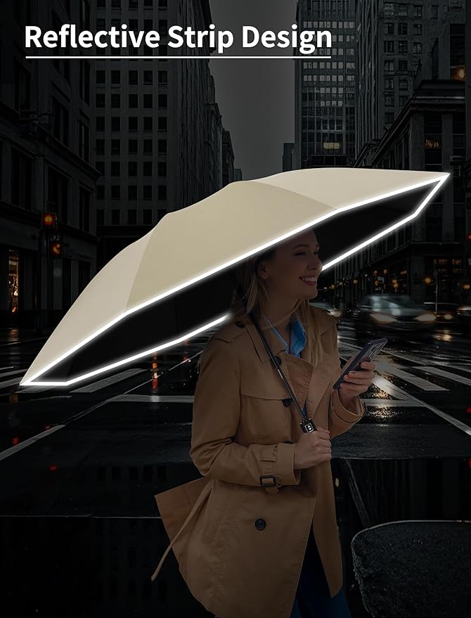 Seniny Inverted Travel Umbrella Compact - Windproof Umbrellas for Rain with Reflective Strip, Large UV Umbrella for Sun Protection, Automatic Portable Umbrellas Fold in Reverse for Car, Backpack