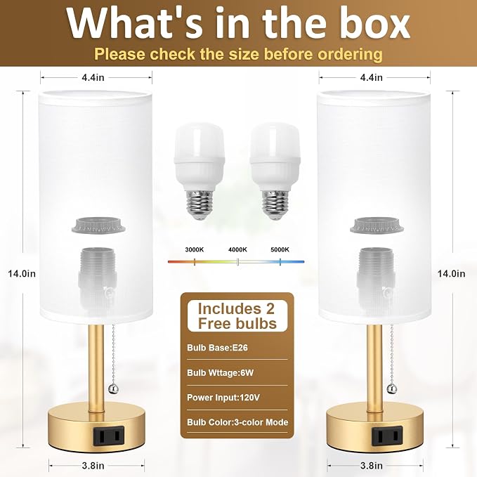 Gold Bedside Table Lamps Set of 2 - Bedroom Lamp for Desk, AC Outlet | 3CCT(3000K/4000K/5000K), LED Bulbs Included, White Fabric Lampshade, 14in Small Lamp for Nightstand, Guest Room, Living Room