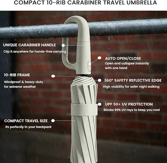 SIEPASA Travel Umbrella with Carabiner Handle - Windproof 10 Ribs Auto Open/Close for Rain & Sun Protection, Compact Portable Clip-on Backpack Design with Safety Reflective Strip.