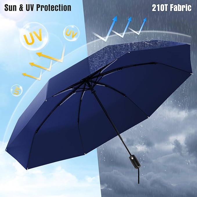 Windproof Travel Umbrella, Compact Umbrella, Car Umbrellas for Rain & Sun, 8 Fiberglass Ribs for Strong UV & Wind Resistance, Portable, Lightweight, Vent, Easy Automatic Open/Close