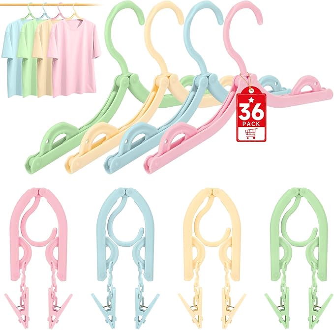 SAN LIKE 36 Pcs Travel Hangers with 72 Pcs Clips Folding Travel Hangers Non Slip Plastic Clothes Hangers Collapsible Portable Coat Hanger Drying Rack for Suitcase Flying Camping Hotel(36 Packs)