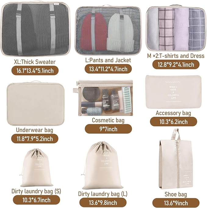 Packing Cubes for Travel-10 Set Luggage Organizer Bags for Family, Mesh Breathable Packing Cubes for Suitcases Durable Travel Essentials Bags Set