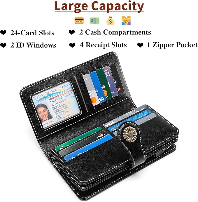 SENDEFN Wallets for Women Leather Credit Card Holder with RFID Blocking Large Capacity Wristlet | with RFID Blocking, Large Capacity, Wristlet, with RFID Blocking, Large Capacity, Wristlet