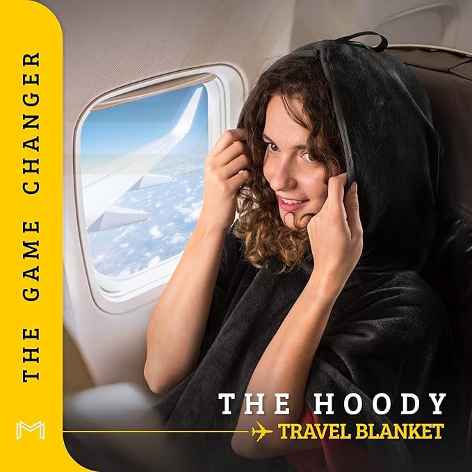 Travel Blanket Airplane Compact with Hoodie – 2in1 Airplane Travel Accessories from Plane Blanket to Travel Pillow with Luggage Strap, Soft Handle & Secure Pocket (Light Pink, 62x41'')