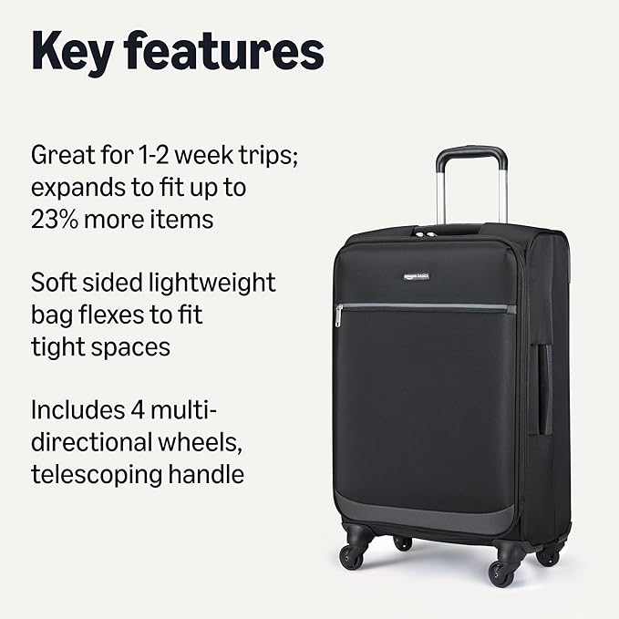 Amazon Basics 23" Medium Checked Softside Luggage Suitcase with Spinner Wheels, Expandable Space, Zippered Pockets, Telescopic Handle, Black