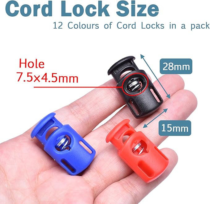 12PCS Assorted Plastic Spring Cord Lock for Drawstring Paracord, Cord Stopper Toggle for Elastic Shoelace String Lock, Sweatpant Hoodie Hats String Clip Bungee Swim Goggles Fastener Replacement