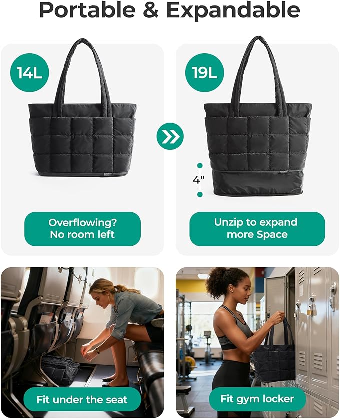 BAGSMART Expandable Tote Bag for Women, Puffer Work Tote Handbag, Quilted Carry On Bag for Travel Gym