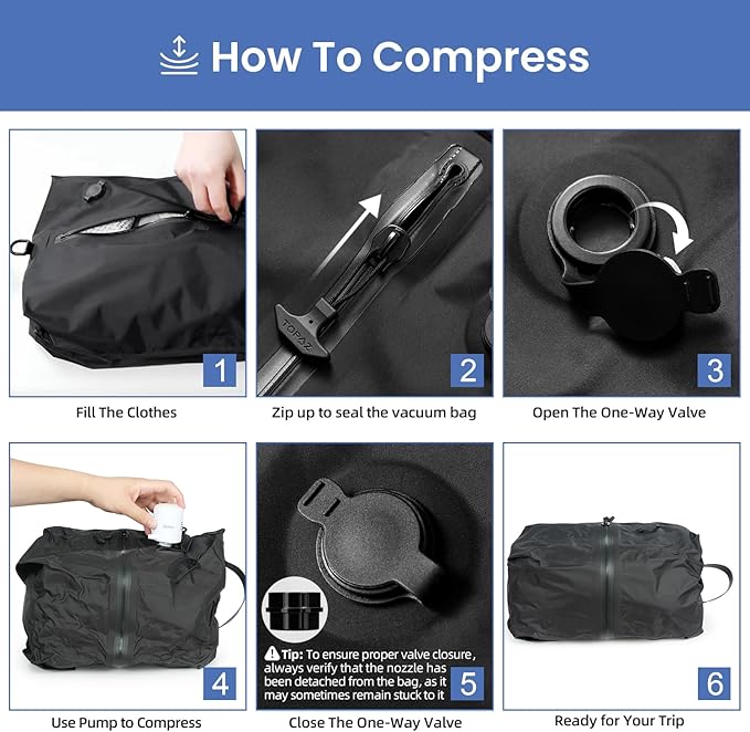 BAGAIL TPU Vacuum Bag for Travel, Reusable Compression Bag with IPX8 Waterproof Zipper, Save Space for Suitcase, Backpack and Carry on (Jet Black, Large, With Pump)