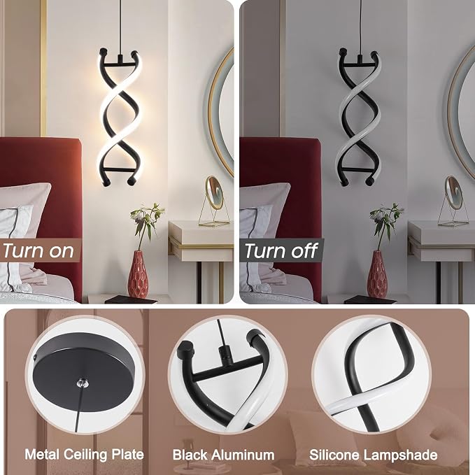 CANEOE Spiral Modern Led Pendant Light,3000K-6000K Dimmable Black LED Hanging Lamp, Adjustable Height Kitchen Island Light Fixture for Dining Room Bedroom Kitchen Sink (Black, Dimmable,3 Packs)