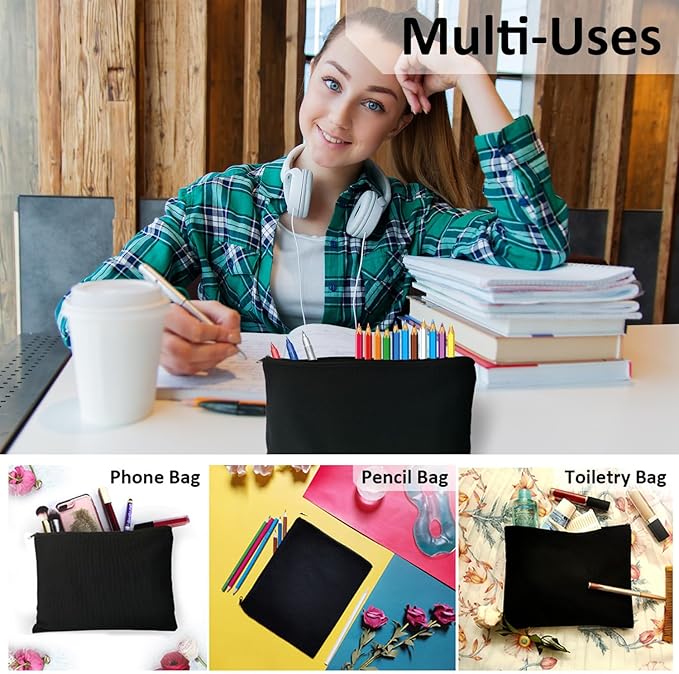 Koolmox Black Canvas Pouches Blank, 12PCS Canvas Zipper Pouch, 8x5 inch Plain Pencil Bag for Patches, Embroidery, Print Sublimation