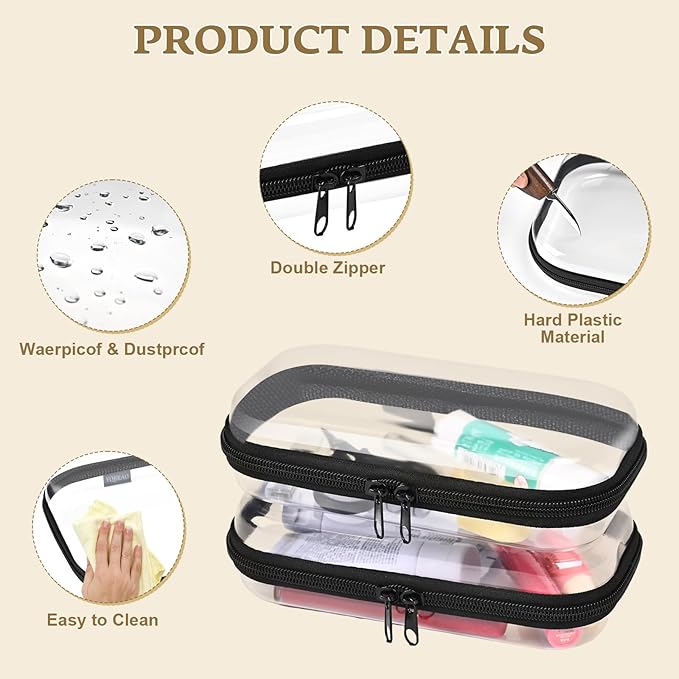 YQBRAO 2PCS Zippered Hard Pouch Double,Portable Waterproof Cosmetic Bag with Zipper,DIY Storage Organizer Bins,Hard Plastic Case,Clear Zipper Bags for Organizing,Pencil Case