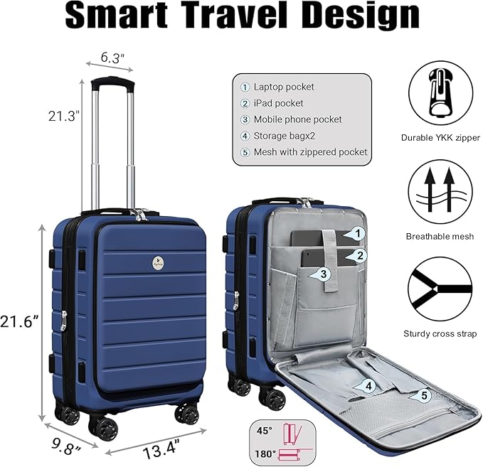 Classic 20" Carry-On with TSA Lock Spinner Wheels, Lightweight Hardside Expandable Suitcase with Front Open Pocket Compartment, Navy Blue