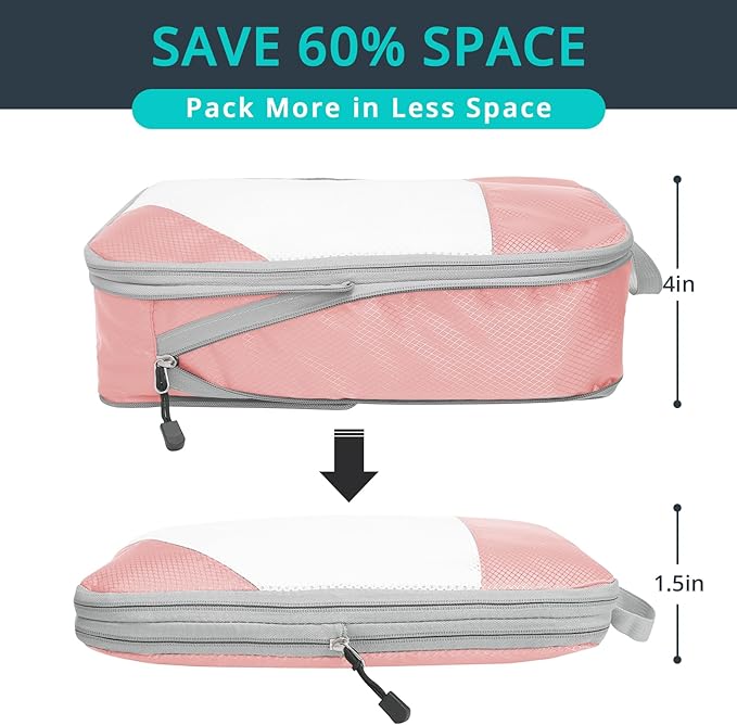 Compression Packing Cubes 6 Set, Compressible Space-Saving Packing Cubes for Travel - Compression Bags, Luggage Organizer, Travel Essentials for Women, Pink